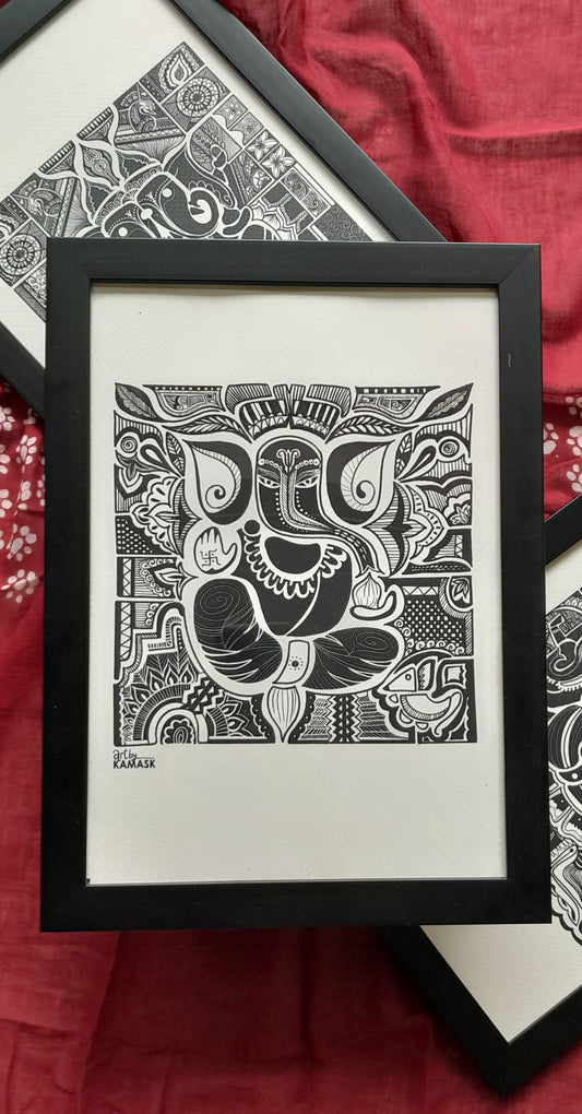 ArtbyKAMASK Originals Artwork Home Decor I A4 Size Frame with Acrylic Face I 9 x 12 Inches (29.7 x 21 cms) I Ganpati Abstract Artwork I Ganpati Abstract Grid - In Pen & Ink