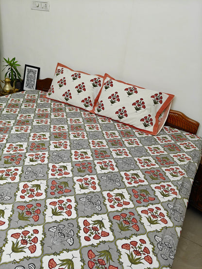 ArtbyKAMASK 100% Organic Cotton Hand Block Printed Double Bed Sheet I 210 TC Double Bed Sheet in King Size I Size - 108 X 108 Inches 274 x 274 cms) I 1 Bedsheet and 2 Pillow Covers I Gayatri in Grey + 2 Variants