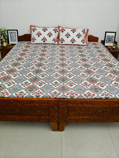 ArtbyKAMASK 100% Organic Cotton Hand Block Printed Double Bed Sheet I 210 TC Double Bed Sheet in King Size I Size - 108 X 108 Inches 274 x 274 cms) I 1 Bedsheet and 2 Pillow Covers I Gayatri in Grey + 2 Variants