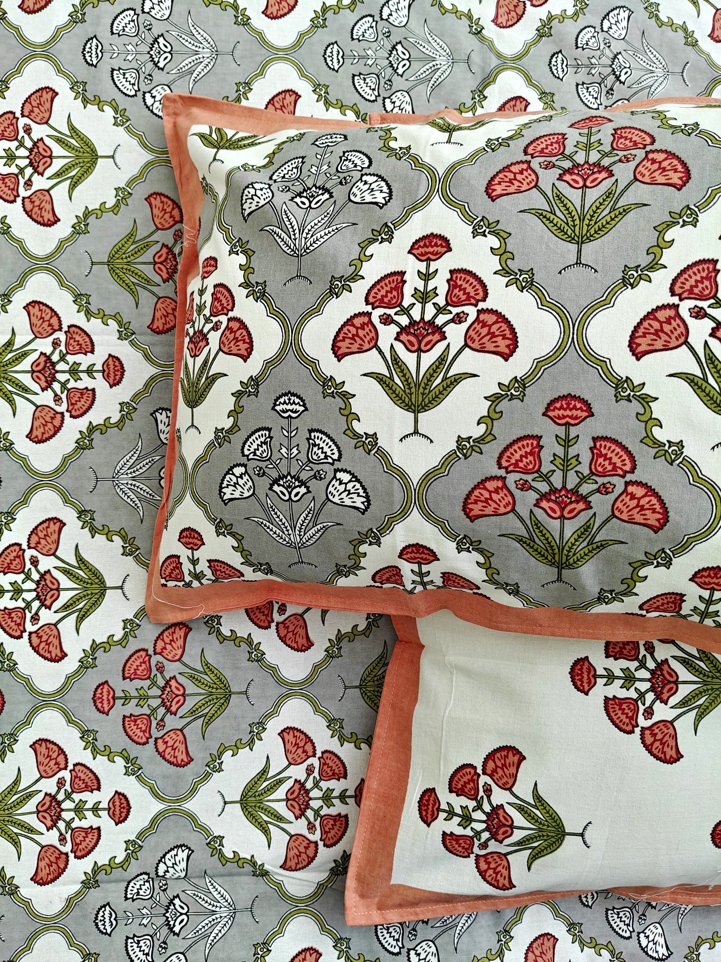 ArtbyKAMASK 100% Organic Cotton Hand Block Printed Double Bed Sheet I 210 TC Double Bed Sheet in King Size I Size - 108 X 108 Inches 274 x 274 cms) I 1 Bedsheet and 2 Pillow Covers I Gayatri in Grey + 2 Variants
