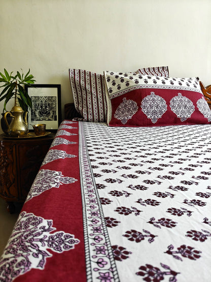 ArtbyKAMASK 100% Organic Cotton Hand Block Printed Double Bed Sheet I 210 TC Double Bed Sheet in King Size I Size - 108 X 108 Inches 274 x 274 cms) I 1 Bedsheet and 2 Pillow Covers I Jamini Pink & Maroon + 2 Color Variants