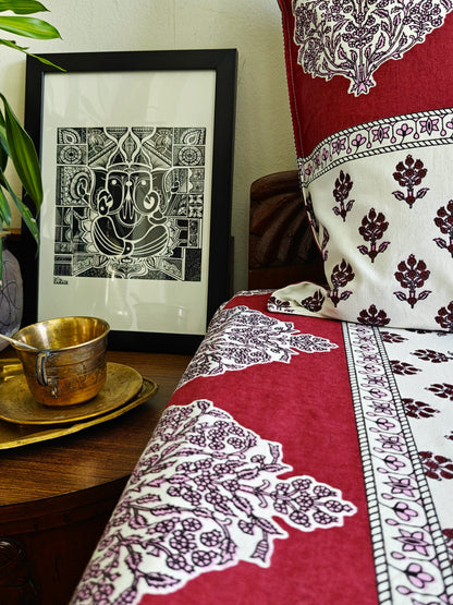 ArtbyKAMASK 100% Organic Cotton Hand Block Printed Double Bed Sheet I 210 TC Double Bed Sheet in King Size I Size - 108 X 108 Inches 274 x 274 cms) I 1 Bedsheet and 2 Pillow Covers I Jamini Pink & Maroon + 2 Color Variants