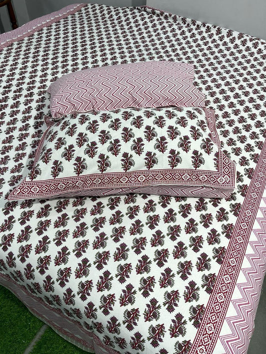 ArtbyKAMASK 100% Organic Cotton Hand Block Printed Double Bed Sheet - 210 TC Double Bed Sheet in King Size - Size - 108 X 108 Inches 274 x 274 cms) - 1 Bedsheet and 2 Pillow Covers - Nitya Pink & Yellow