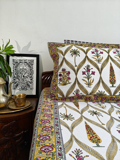 ArtbyKAMASK 100% Organic Cotton Hand Block Printed Double Bed Sheet I 210 TC Double Bed Sheet in Queen Size I Size - 90 X 108 Inches (228 x 274 cms) I 1 Bedsheet and 2 Pillow Covers I Raagini Off-White