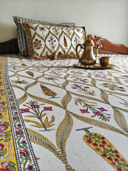 ArtbyKAMASK 100% Organic Cotton Hand Block Printed Double Bed Sheet - 210 TC Double Bed Sheet in King Size - Size - 90 X 108 Inches 228 x 274 cms) - 1 Bedsheet and 2 Pillow Covers - Gauri Yellow + 2 Variants