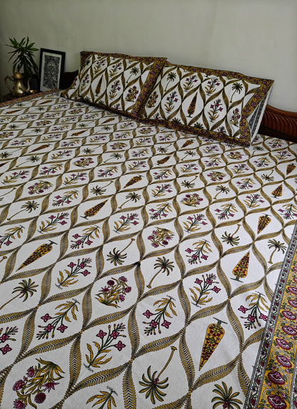ArtbyKAMASK 100% Organic Cotton Hand Block Printed Double Bed Sheet I 210 TC Double Bed Sheet in Queen Size I Size - 90 X 108 Inches (228 x 274 cms) I 1 Bedsheet and 2 Pillow Covers I Raagini Off-White
