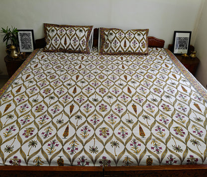 ArtbyKAMASK 100% Organic Cotton Hand Block Printed Double Bed Sheet I 210 TC Double Bed Sheet in Queen Size I Size - 90 X 108 Inches (228 x 274 cms) I 1 Bedsheet and 2 Pillow Covers I Raagini Off-White
