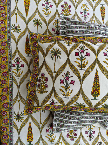 ArtbyKAMASK 100% Organic Cotton Hand Block Printed Double Bed Sheet I 210 TC Double Bed Sheet in Queen Size I Size - 90 X 108 Inches (228 x 274 cms) I 1 Bedsheet and 2 Pillow Covers I Raagini Off-White