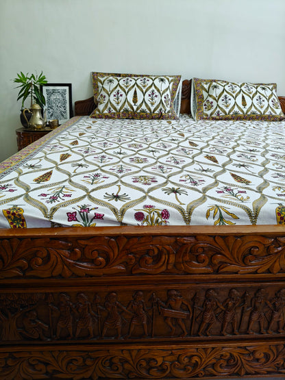 ArtbyKAMASK 100% Organic Cotton Hand Block Printed Double Bed Sheet I 210 TC Double Bed Sheet in Queen Size I Size - 90 X 108 Inches (228 x 274 cms) I 1 Bedsheet and 2 Pillow Covers I Raagini Off-White