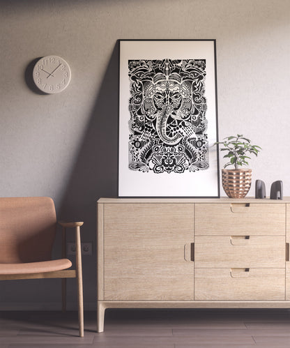 ArtbyKAMASK Originals Artwork Home Decor I A4 Size Frame with Acrylic Face I 9 x 12 Inches (29.7 x 21 cms) I Ganpati Abstract Artwork I The Immersed Ganesha Abstract Grid - In Pen & Ink